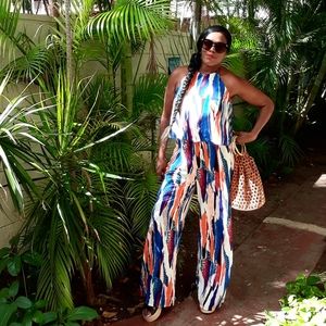 Mixed Media Print Halter Jumpsuit
